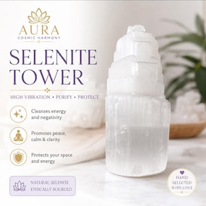 May include: A white, translucent selenite tower with a cylindrical base and a stepped, tapered top. Text on the image includes AURA COSMIC HARMONY, SELENITE TOWER, HIGH VIBRATION, PURIFY, PROTECT, and details about energy, peace, and protection.