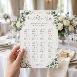 Eucalyptus Wedding Seating Chart Template, Printable Find Your Seat Sign, Editable Canva Wedding Seating Plan, Greenery Reception Poster