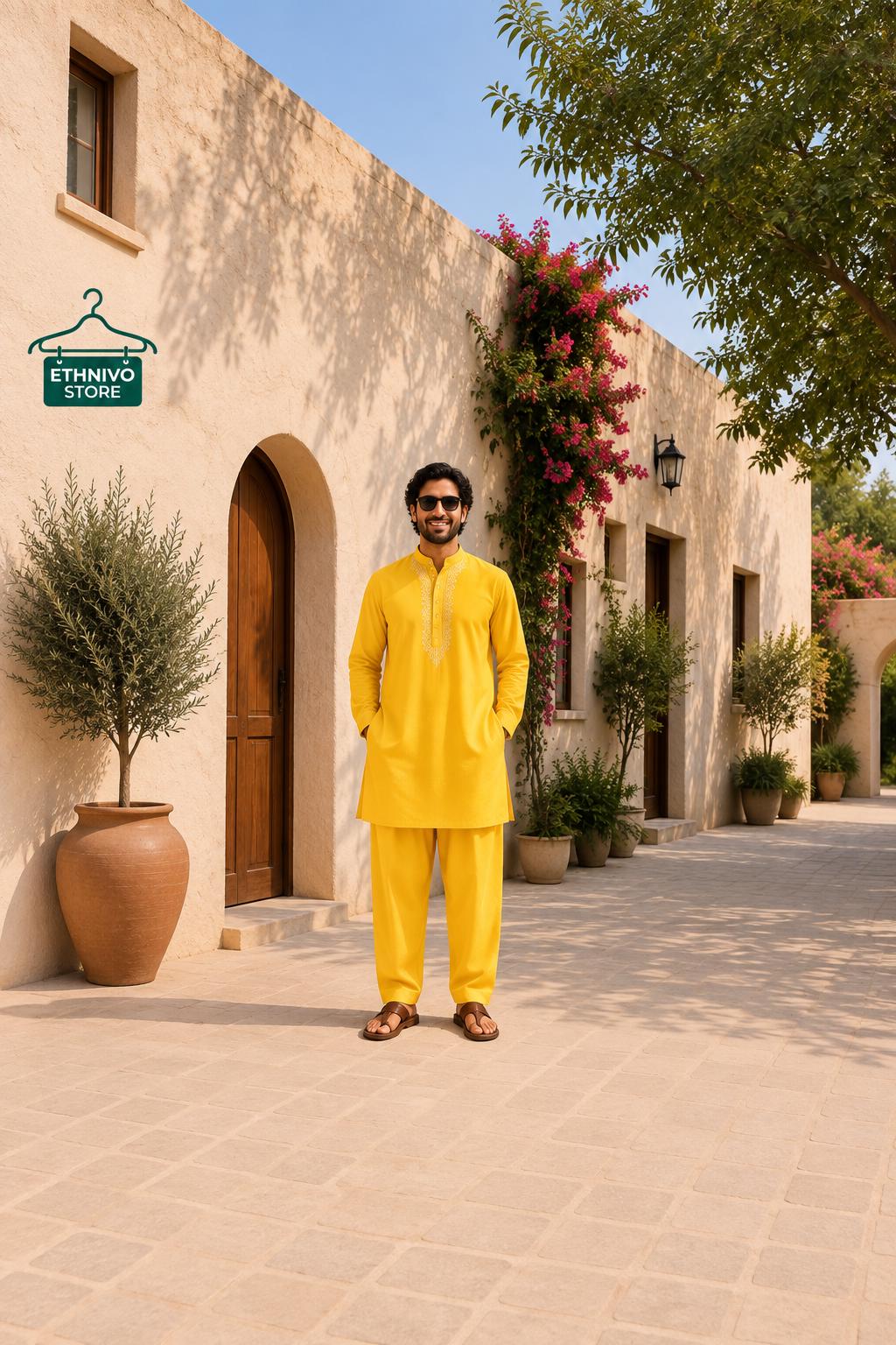 Men's Bright Yellow Linen Kurta + Trouser Set Relaxed Fit Summer Resort Wear