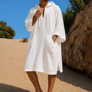 Kaftano da uomo in garza di cotone con cappuccio, copricostume bianco da spiaggia, vestaglia estiva leggera, pullover dalla vestibilità comoda, abbigliamento da resort, abbigliamento boho