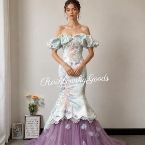 Vestido de fiesta de satén lavanda estilo sirena, vestido de noche con mangas abullonadas y hombros descubiertos, vestido de noche con bordado floral 3D, vestido de fiesta para invitada de boda estilo Fairycore
