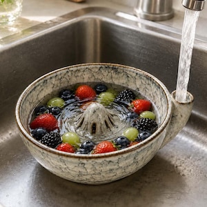 May include: A round, speckled ceramic berry colander bowl with a central cone and a side spout, filled with water, red strawberries, green grapes, and dark blackberries, positioned under a running kitchen faucet stream.