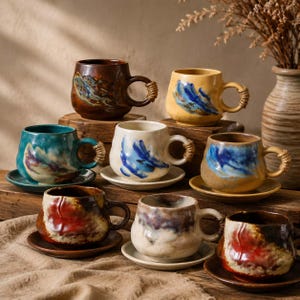 May include: A collection of seven ceramic mugs with matching saucers, each featuring a unique, irregular shape and a textured handle wrapped in twine. The mugs display varied glaze colors including brown, yellow, teal, white, and red with blue accents.