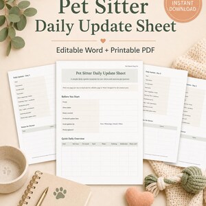 Foglio di aggiornamento giornaliero per pet sitter / Registro dei rapporti sulla cura degli animali domestici / Tracker di cura stampabile / Word modificabile e PDF compilabile / Note settimanali sugli animali domestici