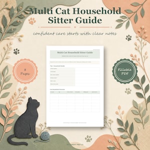 May include: A Multi Cat Household Sitter Guide document featuring 8 pages in a fillable PDF format. The page displays sections for trip and household details, including emergency contacts, and a cat household overview table for tracking pet care.