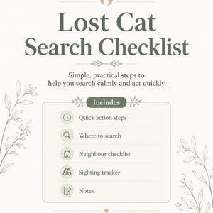 Lost Cat Search Checklist | Missing Cat Search Guide | Printable Cat Recovery Plan | Sighting Tracker & Poster | Digital Download