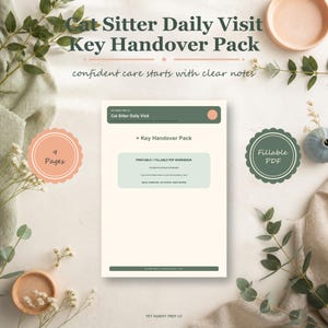 Puede incluir: Un documento digital Cat Sitter Daily Visit Key Handover Pack que contiene nueve páginas de hojas de trabajo PDF imprimibles y rellenables. El documento incluye encabezados de texto y secciones para notas de cuidado de mascotas.