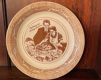 Norman Rockwell Pie Plate - Freedom From Want - Brown White Transferware