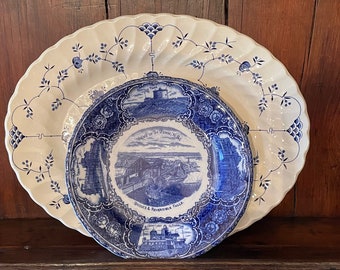 Blue & White Transferware Plate - St. John, N.B. - Bridges Reversible Falls - Flow Blue - England