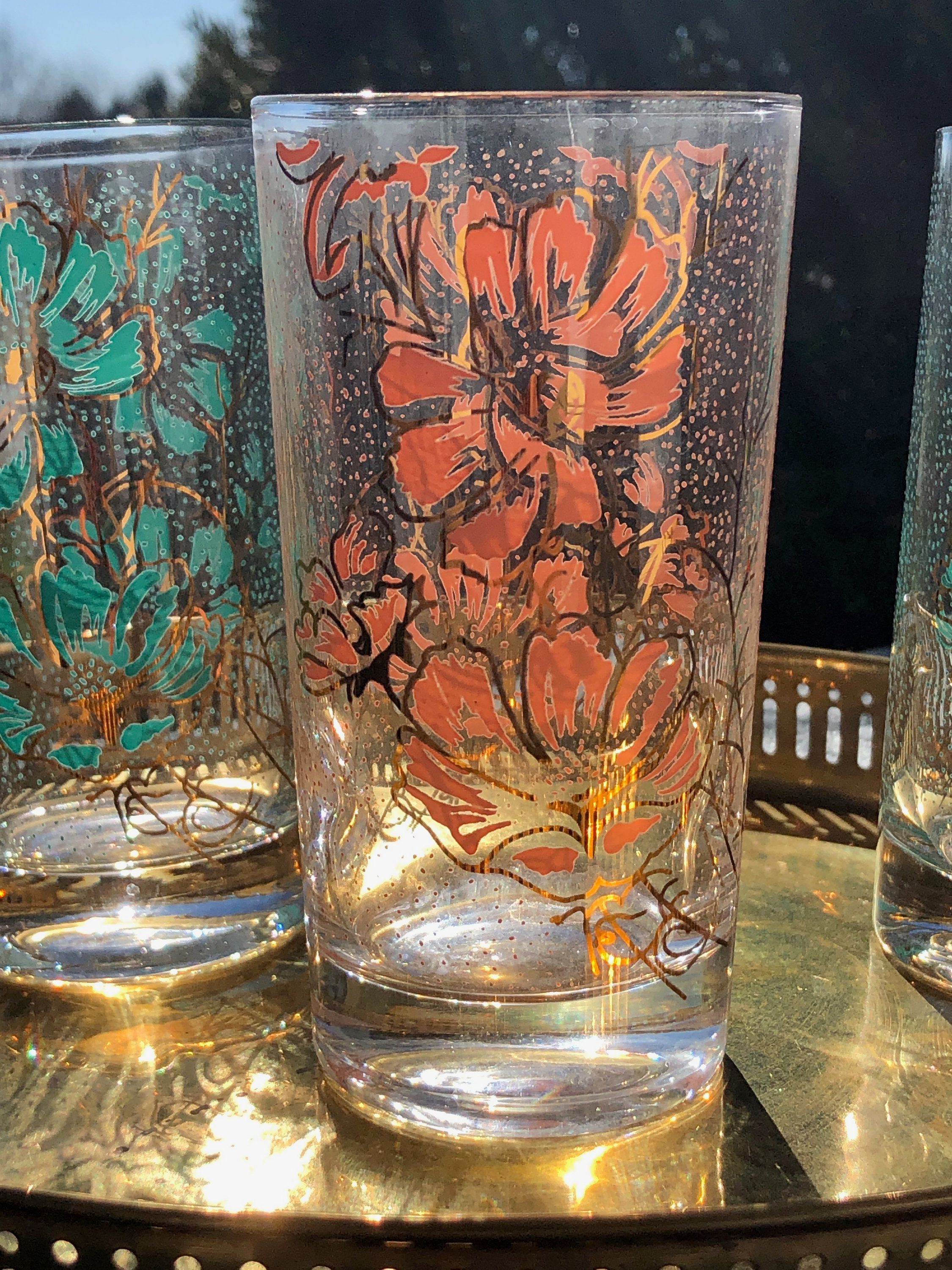 Swanky Chic MCM Glassware Set/3 Aqua Orange Floral Gold Trim Etsy UK