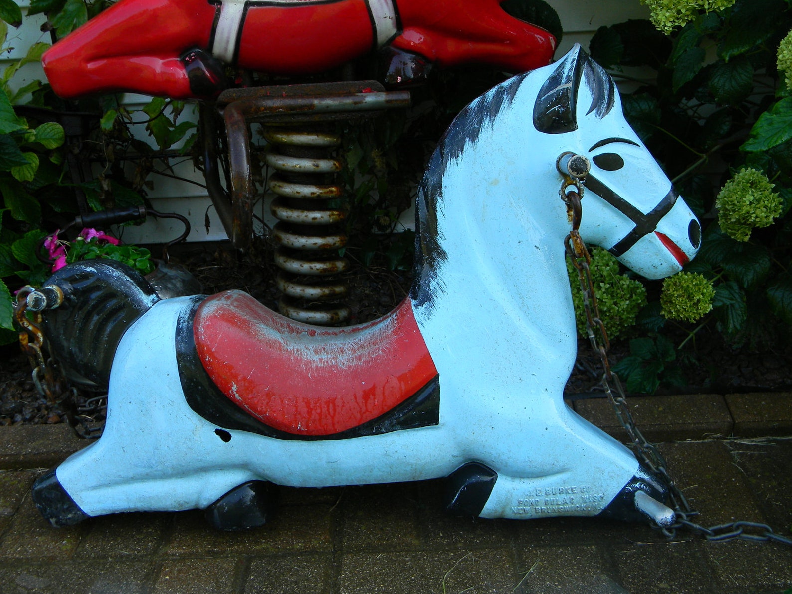 Vintage Heavy Aluminum Horse Playground Toy Swing Original Bright Blue