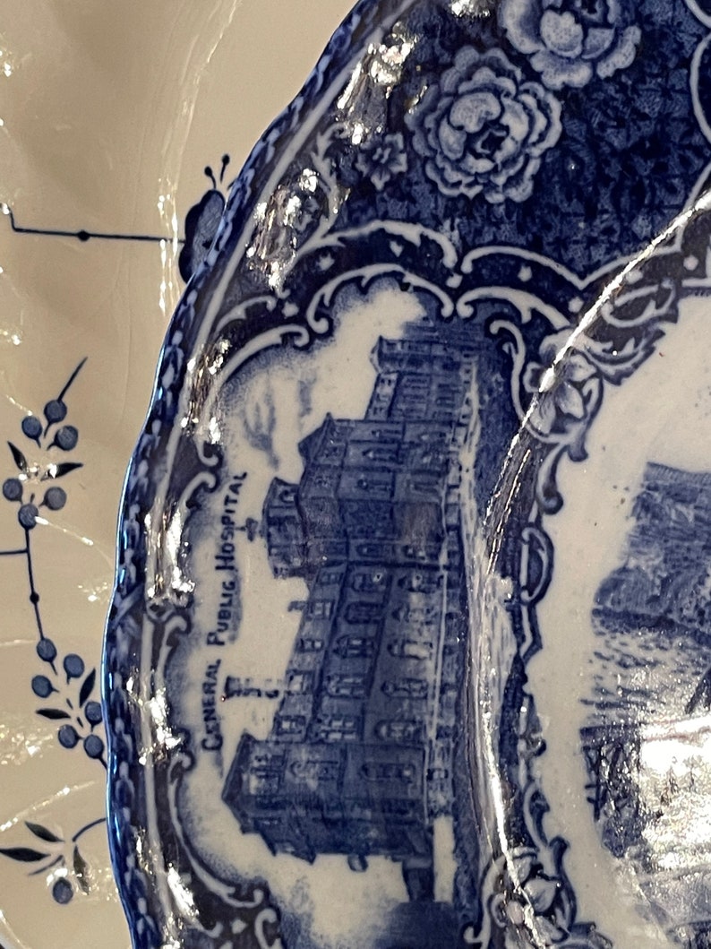 Blue & White Transferware Plate St. John, N.B. Bridges Reversible Falls Flow Blue England image 3