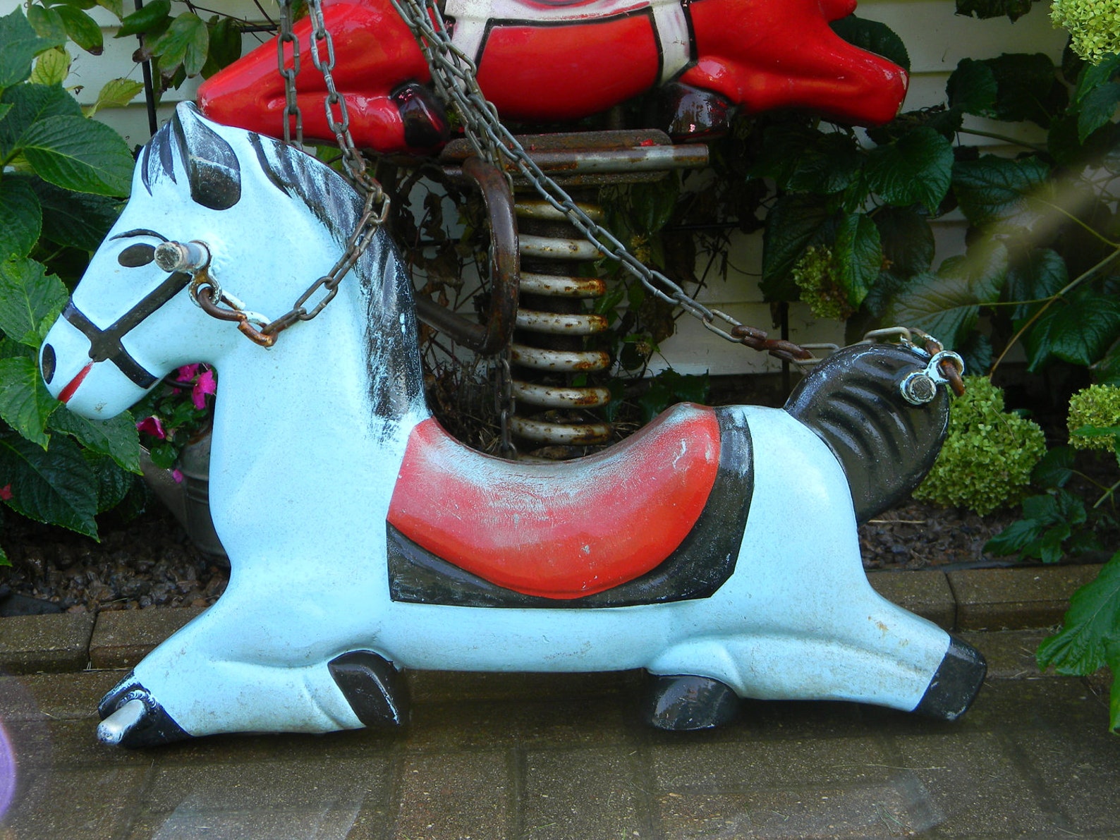 Vintage Heavy Aluminum Horse Playground Toy Swing Original Bright Blue