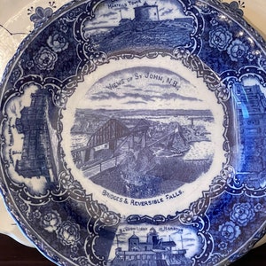 Blue & White Transferware Plate St. John, N.B. Bridges Reversible Falls Flow Blue England image 2