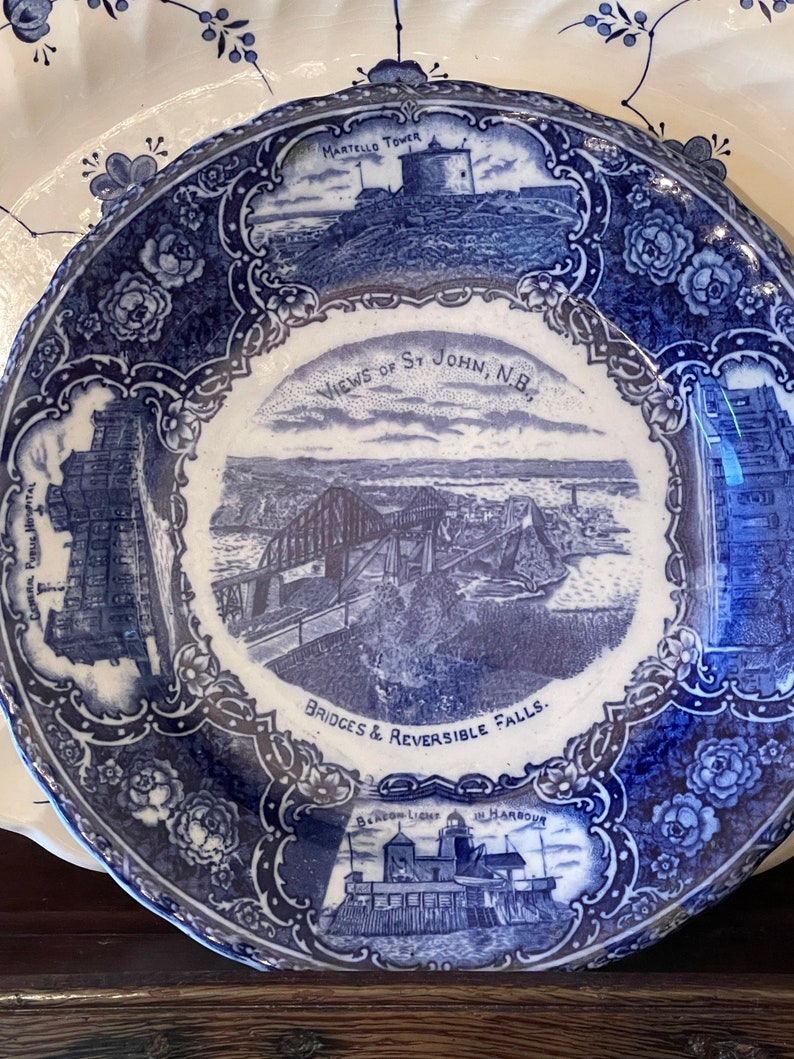 Blue & White Transferware Plate St. John, N.B. Bridges Reversible Falls Flow Blue England image 2