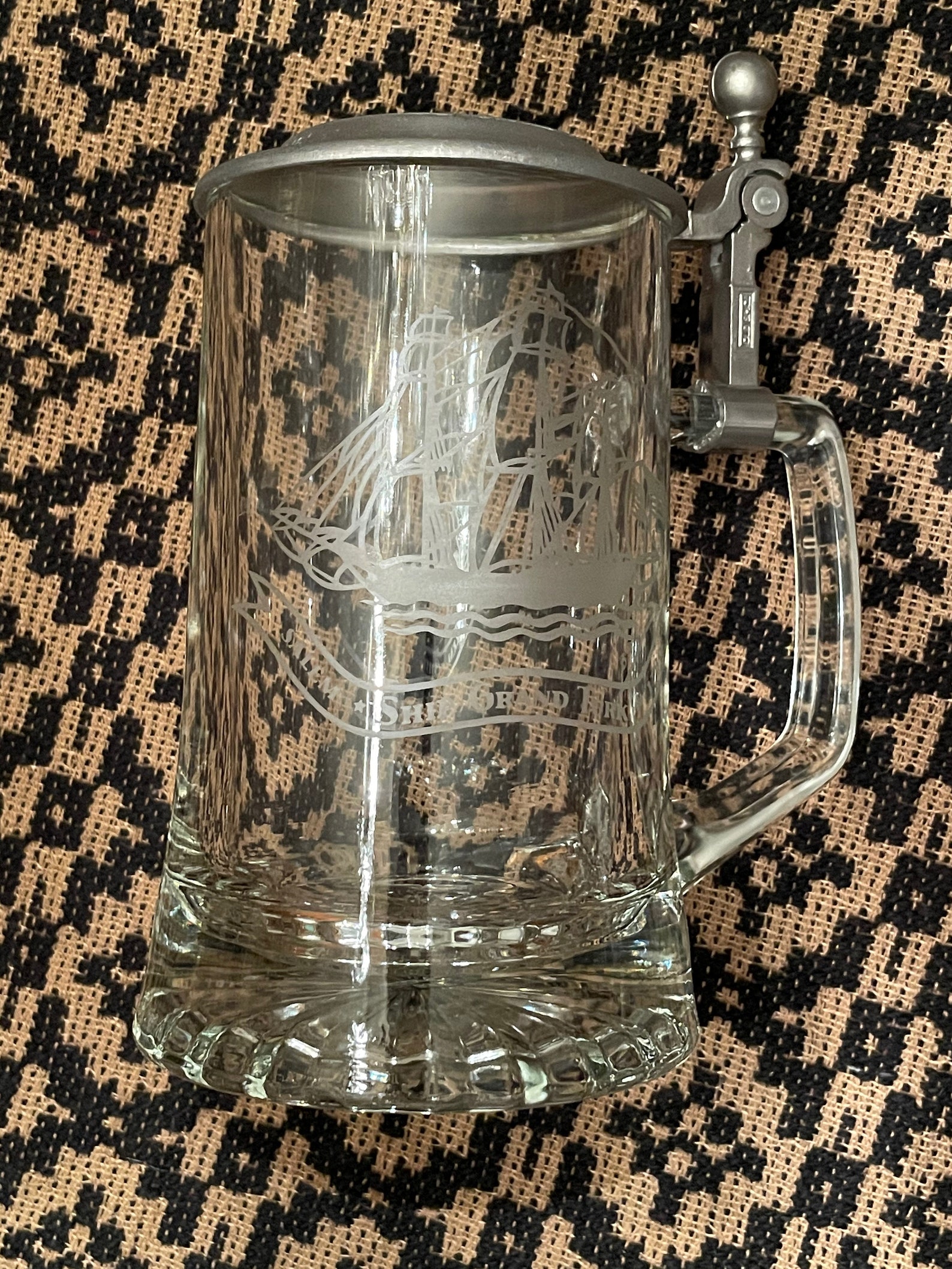 Vintage Etched Glass Beer Stein Pewter Cover Ship Etsy