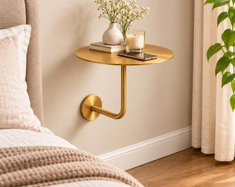 Mesita de noche redonda flotante, mesita de noche de latón macizo para montaje en pared, estante lateral dorado moderno, muebles de dormitorio minimalistas que ahorran espacio.