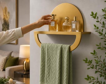 Massief messing wandplank met handdoekbeugel | Luxe badkameropberger | Moderne minimalistische badkameropberger