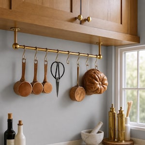 Handmade Solid Brass Pot Rail | Ceiling Mounted Kitchen Rack | Brass Cookware Hanging Bar | Luxury Kitchen Storage