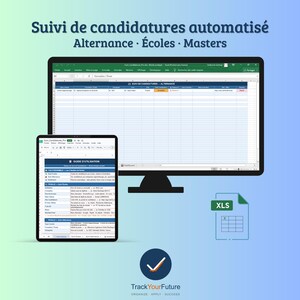 Puede incluir: Una plantilla de hoja de cálculo digital para el seguimiento de solicitudes de empleo, mostrada en un monitor de computadora y una tableta. La interfaz muestra columnas para estado, empresa y fechas. Un icono de archivo XLS y el logo TrackYourFuture.