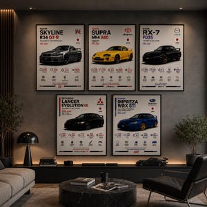 May include: Five framed wall posters featuring Japanese sports cars: a silver Nissan Skyline R34 GT-R, a yellow Toyota Supra MK4 A80, a black Mazda RX-7 FD3S, a black Mitsubishi Lancer Evolution IX, and a blue Subaru Impreza WRX STI with technical specs.