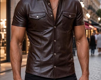 Men’s Brown Leather Shirt, Short Sleeve Lambskin Snap-Front Military Shirt with Epaulettes