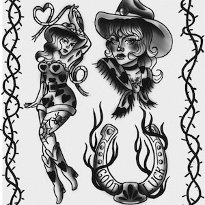 Trad cowgirl tattoo flash print