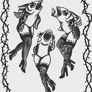 May include: A black and white illustration featuring three fish-headed figures with human legs wearing stockings and high heels, enclosed in a thorny vine border. The figures are posed dynamically, and the text @unknownInk is visible at the bottom.