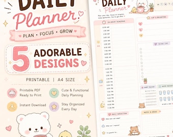 Adorable Daily Planner Printable Bundle | 5 Kawaii A4 Pages | Instant PDF Download