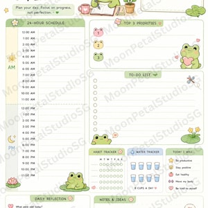 May include: A daily planner page featuring a green frog theme with sections for a 24-hour schedule, top 3 priorities, a to-do list, habit tracker, water tracker, daily reflection, and notes. The page includes text like Daily Planner and You got this!