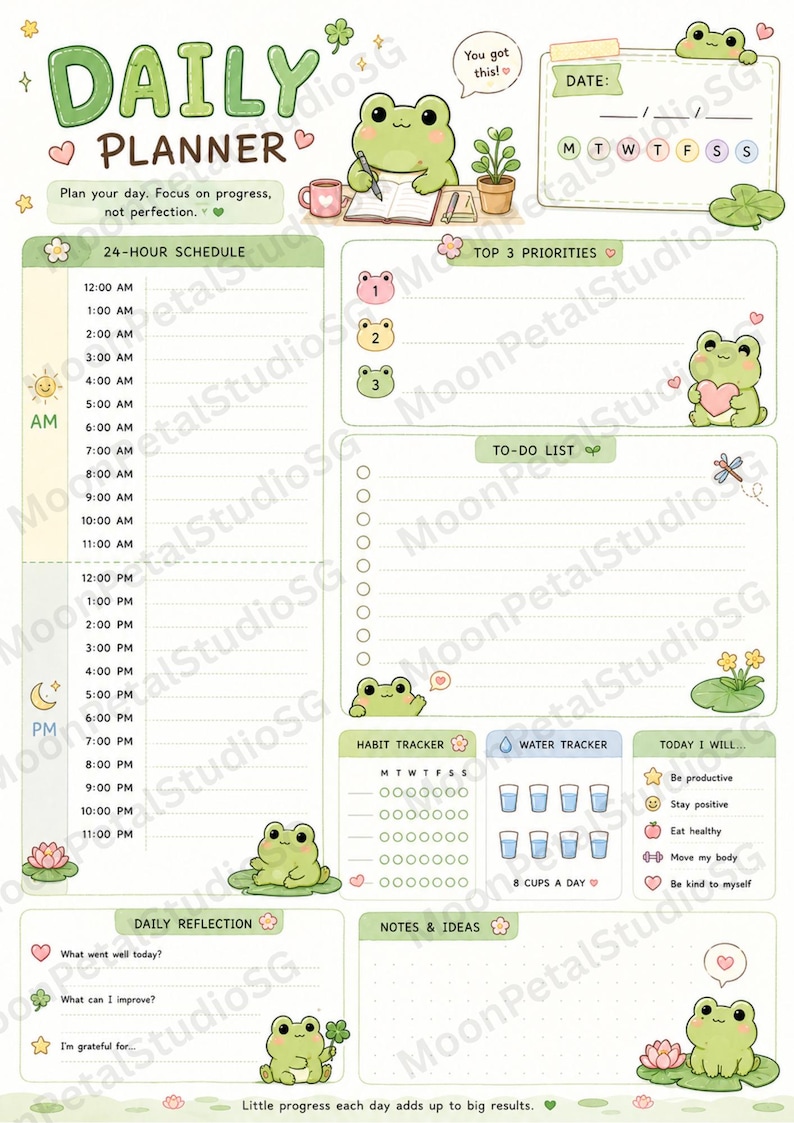 May include: A daily planner page featuring a green frog theme with sections for a 24-hour schedule, top 3 priorities, a to-do list, habit tracker, water tracker, daily reflection, and notes. The page includes text like Daily Planner and You got this!