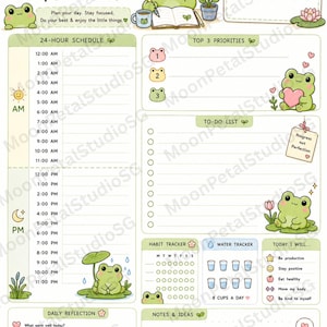 May include: A light green daily planner page featuring frog illustrations, a 24-hour schedule, top 3 priorities, a to-do list, habit and water trackers, and daily reflection sections. Text includes Daily Planner, You got this, Progress not Perfection, and Philippians 4:13.