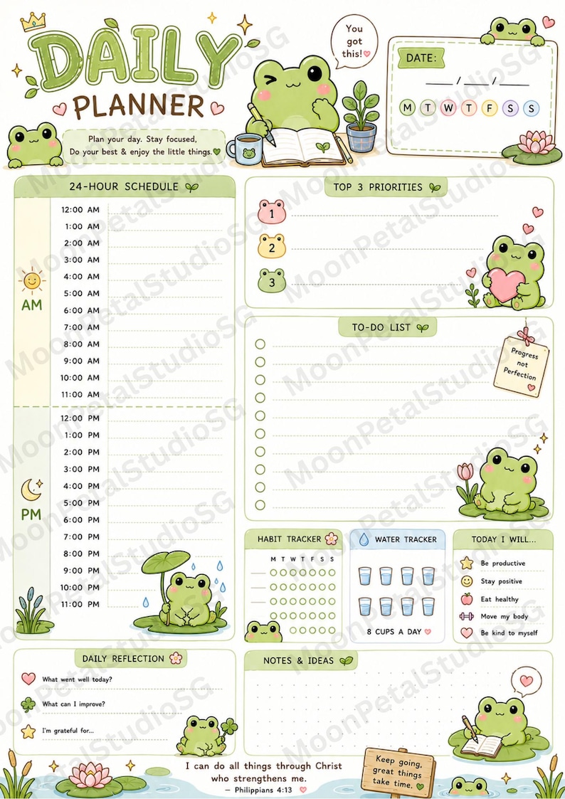 May include: A light green daily planner page featuring frog illustrations, a 24-hour schedule, top 3 priorities, a to-do list, habit and water trackers, and daily reflection sections. Text includes Daily Planner, You got this, Progress not Perfection, and Philippians 4:13.