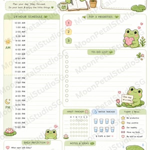 May include: A daily planner page featuring a light green color scheme with cartoon frog illustrations. It includes sections for a 24-hour schedule, top three priorities, a to-do list, a habit tracker, a water tracker, daily reflection, and notes.
