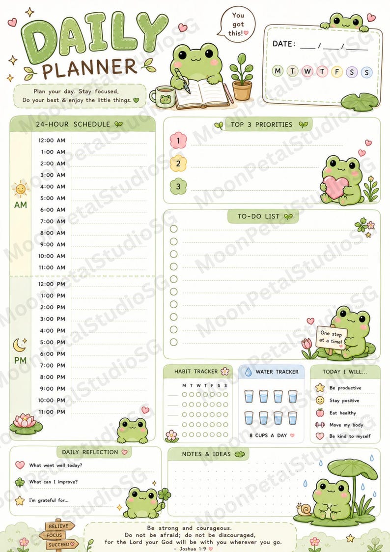 May include: A daily planner page featuring a light green color scheme with cartoon frog illustrations. It includes sections for a 24-hour schedule, top three priorities, a to-do list, a habit tracker, a water tracker, daily reflection, and notes.