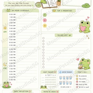 May include: A daily planner page featuring a light green color scheme with cartoon frog illustrations. It includes sections for a 24-hour schedule, top 3 priorities, a to-do list, a habit tracker, a water tracker, daily reflection, and notes.