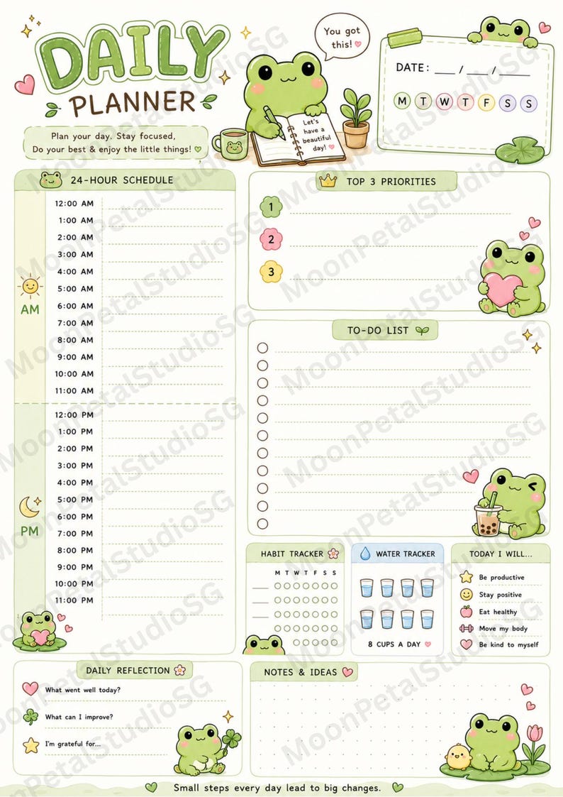 May include: A daily planner page featuring a light green color scheme with cartoon frog illustrations. It includes sections for a 24-hour schedule, top 3 priorities, a to-do list, a habit tracker, a water tracker, daily reflection, and notes.