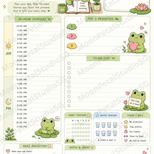 May include: A daily planner page featuring a light green color scheme with frog illustrations. Sections include a 24-hour schedule, top 3 priorities, to-do list, habit tracker, water tracker, daily reflection, and notes. Text includes Daily Planner.
