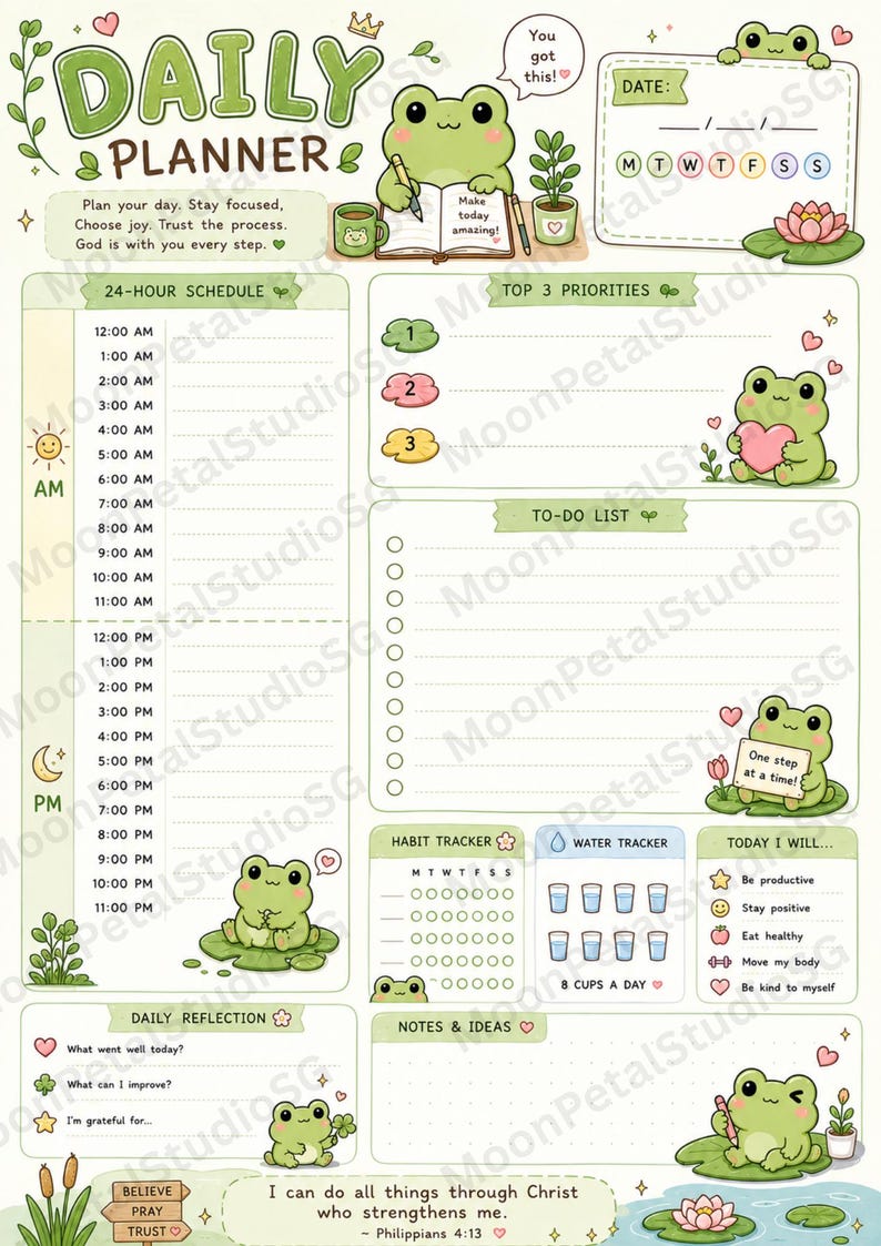May include: A daily planner page featuring a light green color scheme with frog illustrations. Sections include a 24-hour schedule, top 3 priorities, to-do list, habit tracker, water tracker, daily reflection, and notes. Text includes Daily Planner.
