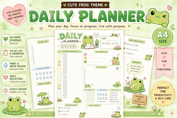 Adorable Frog Theme Daily Planner Printable | A4 PDF | 24Hour Schedule | To Do List | Digital