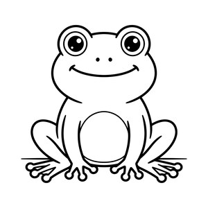 May include: A black and white line art illustration of a cartoon frog. The frog is depicted in a front-facing seated position with large, round eyes, a simple curved smile, and a distinct oval-shaped belly patch. The design features bold outlines.