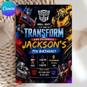 Könnte beinhalten: Eine rechteckige Geburtstagseinladungskarte mit den Transformers-Figuren Optimus Prime, Bumblebee, Megatron und Starscream. Der Text lautet: Roll Out! It's Time To Transform And Celebrate Jackson's 7th Birthday! 25. Juli 2026, 14:00 bis 17:00 Uhr, Stevenson Rd, Oshawa, ON. RSVP an Mom 647-896-0367 bis zum 18. Juli.