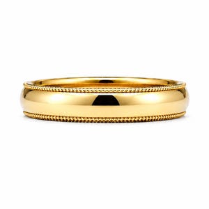 May include: A polished yellow gold band ring featuring a smooth, rounded center surface flanked by two delicate milgrain beaded edges that run along the top and bottom borders of the ring, creating a textured and reflective metallic appearance.