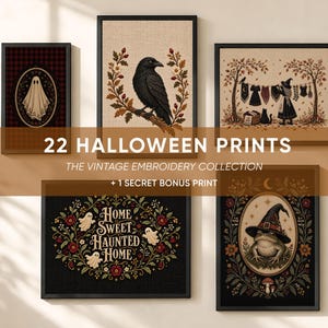 May include: A collection of five framed wall art prints featuring Halloween themes, including a ghost, a black crow, a witch hanging laundry, a frog wearing a witch hat, and text reading Home Sweet Haunted Home, with 22 Halloween Prints text overlay.