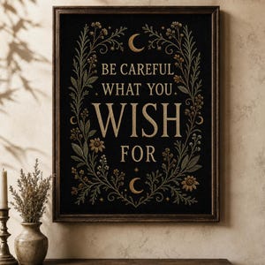 May include: A rectangular framed wall art piece featuring a black background with gold embroidered-style text that reads BE CAREFUL WHAT YOU WISH FOR. The text is surrounded by a botanical wreath of flowers, leaves, and crescent moon symbols.