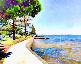 Watercolor Print - Wynnum Esplanade at High Tide - Limited Edition