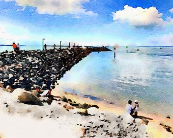 Watercolor Print - Playing at the Entrance to the Marina - Australia - Limited Edition