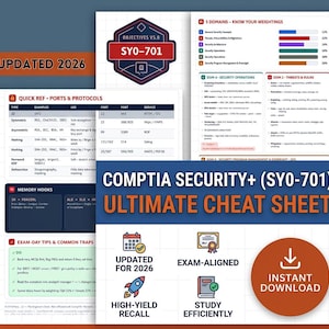 May include: A CompTIA Security+ SY0-701 ultimate cheat sheet study guide featuring updated 2026 content. The document includes technical tables for ports and protocols, memory hooks, exam-day tips, and security domain weightings with colorful icons.