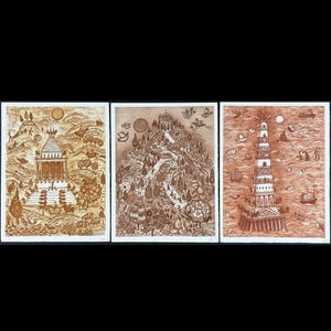 May include: A triptych of three sepia-toned prints featuring intricate line drawings. The left panel shows a temple on a hill, the center panel depicts a winding path up a mountain with flora, and the right panel displays a tall tower in the sea.