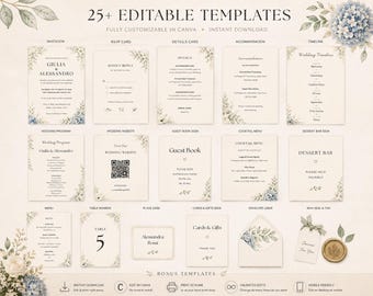 Editable Botanical Greenery Wedding Invitation Suite (Canva, Instant Download)